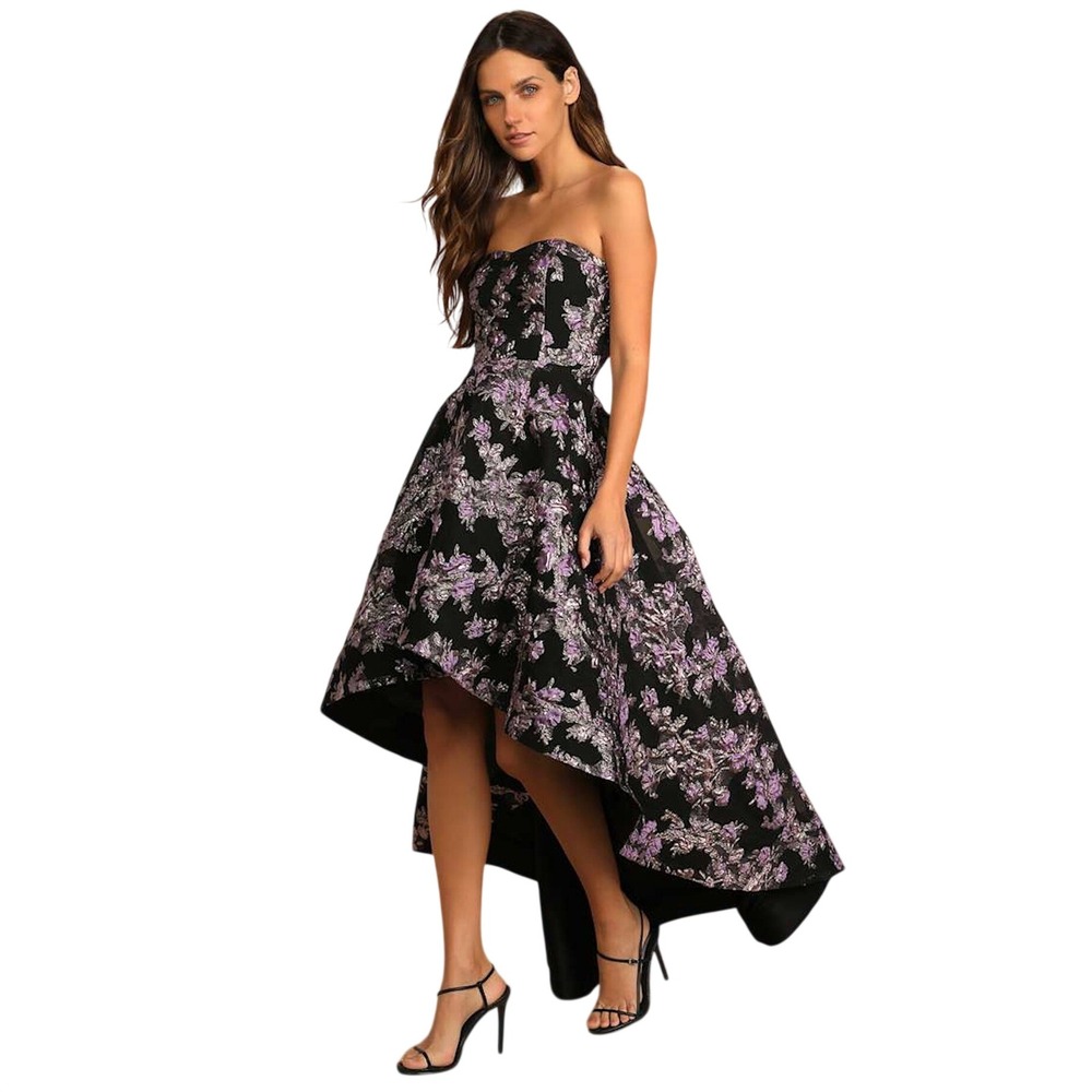 Lulus Floral All Romance Jacquard Strapless High-Low Formal Gown Dress SMALL